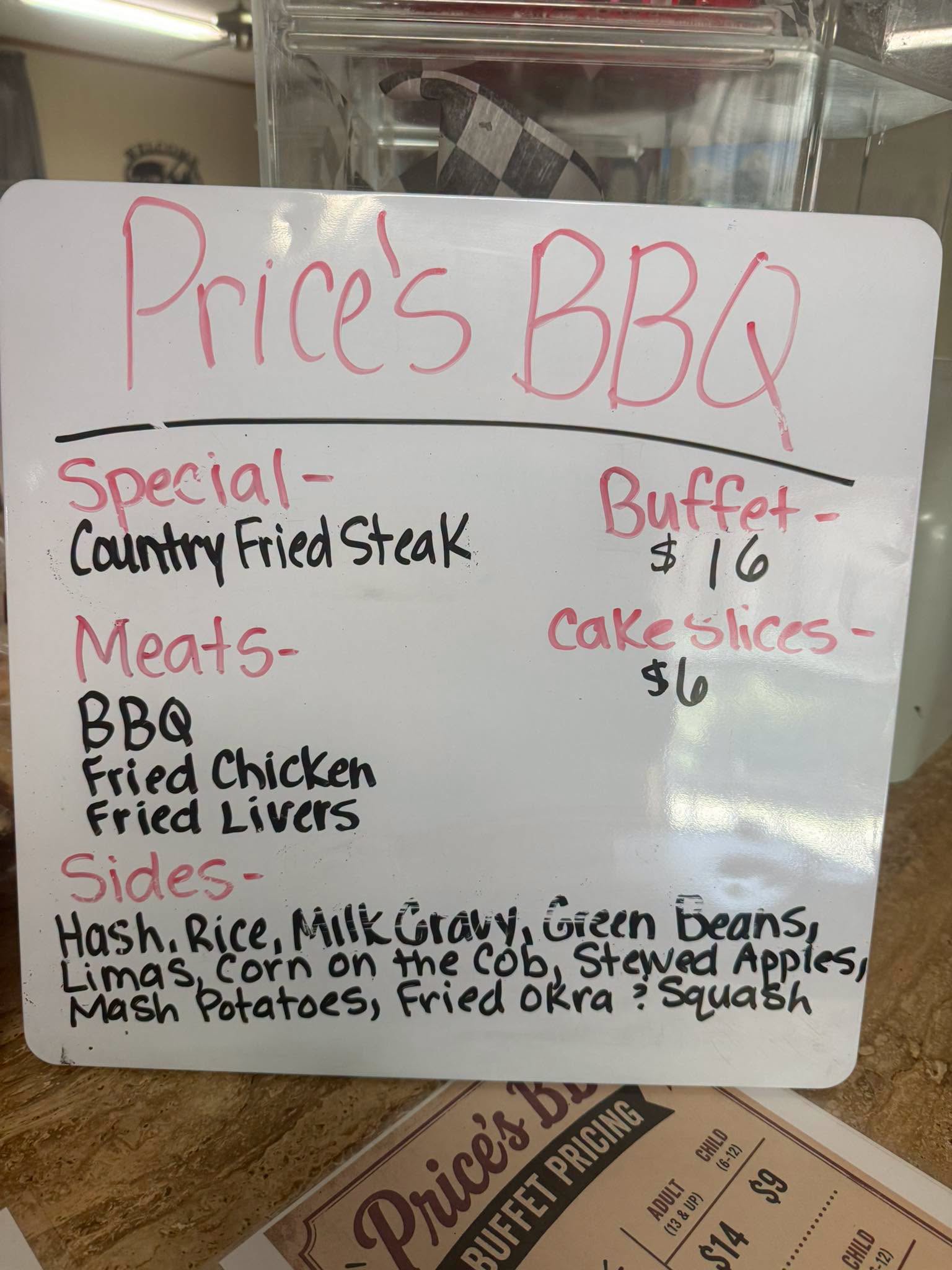 Daily special whiteboard inside Price's BBQ