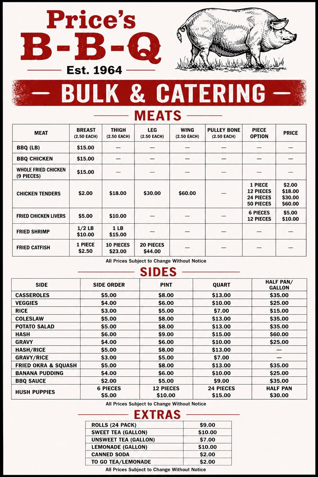 Price's BBQ menu board showing bulk and catering meats and sides pricing