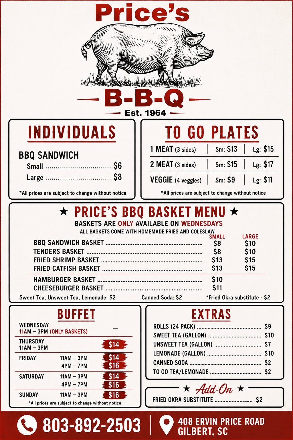 Price's BBQ menu board showing individuals, to-go plates, basket menu, and buffet pricing